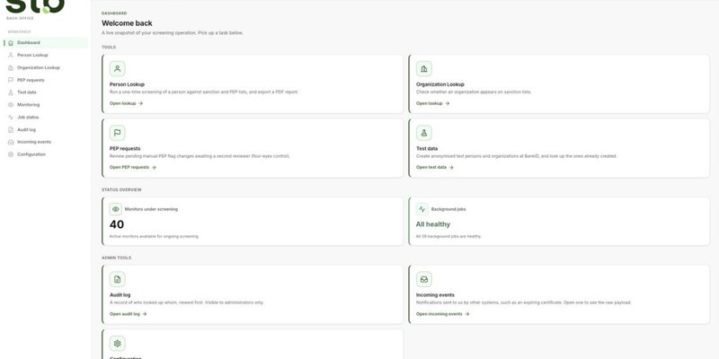 Backoffice-dashbordet i KYC/AML-plattformen: sidemeny med oppslag, PEP-forespørsler og revisjonslogg, og kort for hvert verktøy